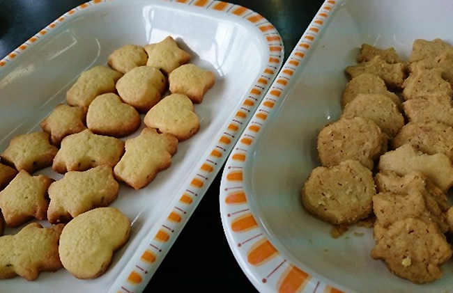ひまわり油を使ったナッツのクッキー（右）と、ハーブ（ローズマリー）